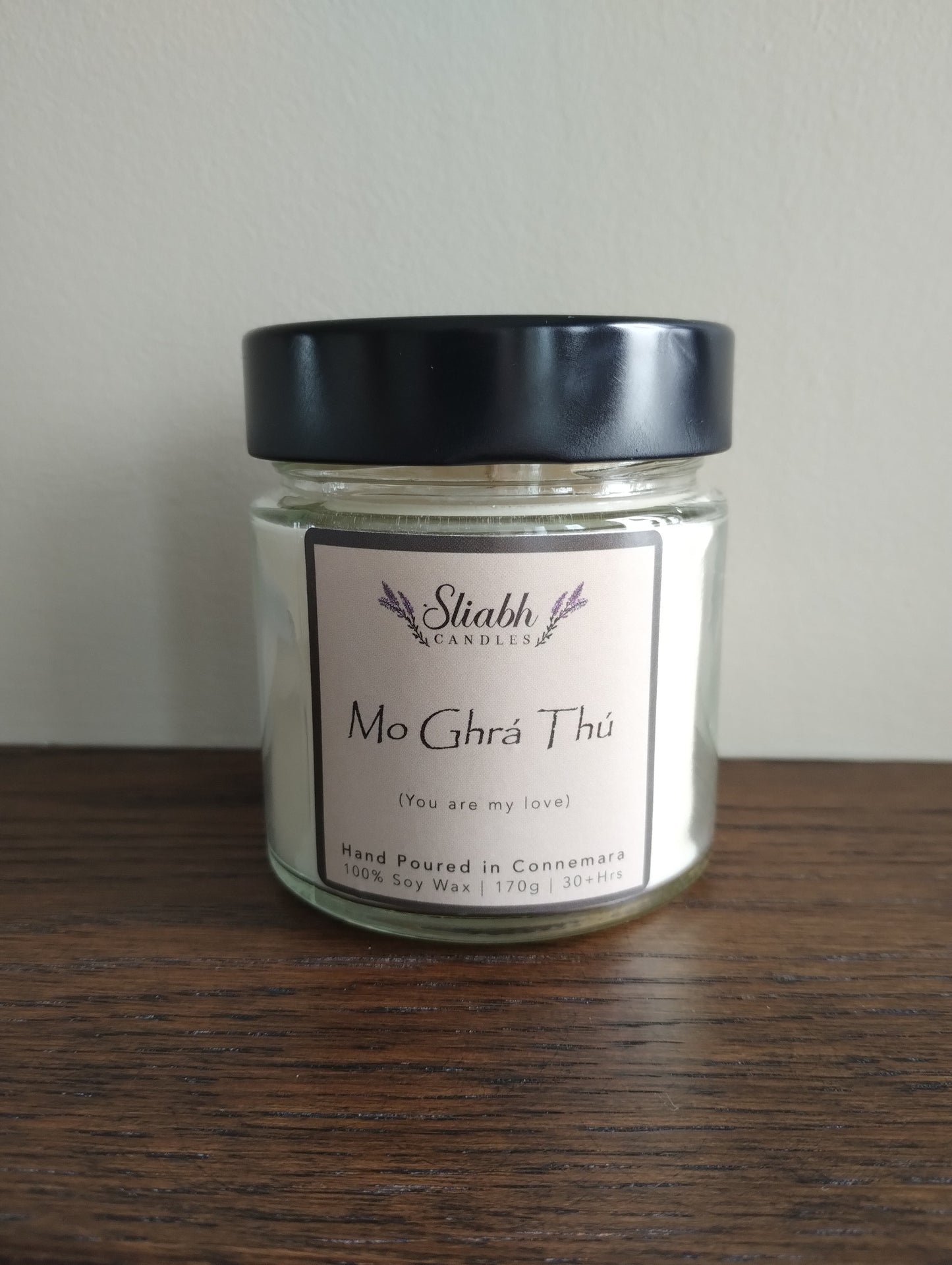 'Mo Ghrá Thú' | 'My Love' A beautiful gift for that special someone for Valentine's Day. The perfect Irish gift for any occasion. Sliabh Candles are hand-poured in small batches in Connemara. Each candle has an Irish 'Seanfhocal' (proverb) or saying. They are made from 100% Soy Wax with cotton and linen wicks. The candles are made in a recyclable glass jar. All candles come in a jute drawstring gift bag.