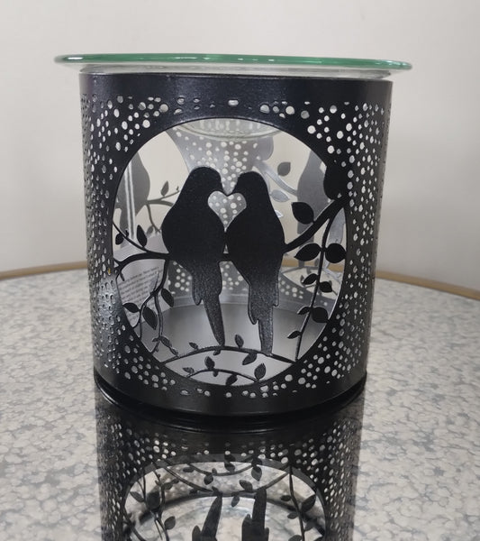 Metal Oil & Wax Burner | Black & Silver Two Doves  cutout design | Candle Holder