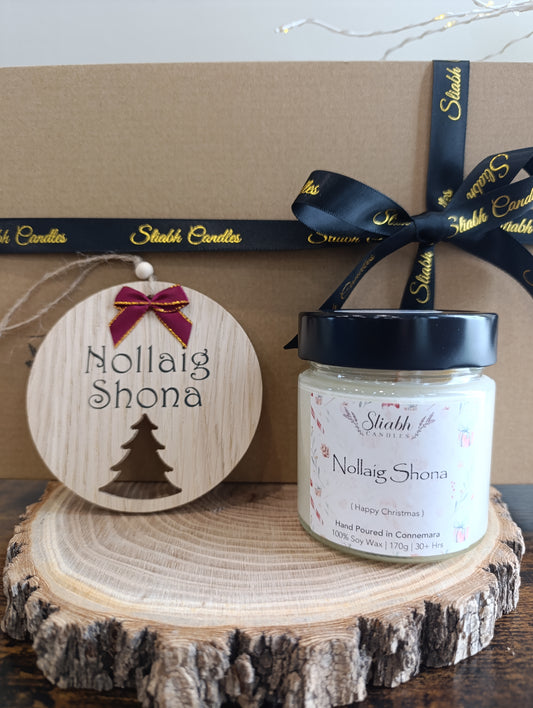 Christmas Gift Box Set – Irish Soy Candle & Handmade Festive Nollaig Shona Decoration PRE-ORDER ONLY