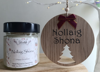 Christmas Gift Box Set – Irish Soy Candle & Handmade Festive Nollaig Shona Decoration PRE-ORDER ONLY
