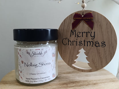 Christmas Gift Box Set – Irish Soy Candle & Handmade Festive Merry Christmas Decoration PRE-ORDER