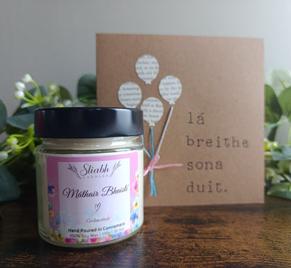 Godmother Gift Set (as Gaeilge) – “Máthair Bhaistí” Candle & Birthday Card