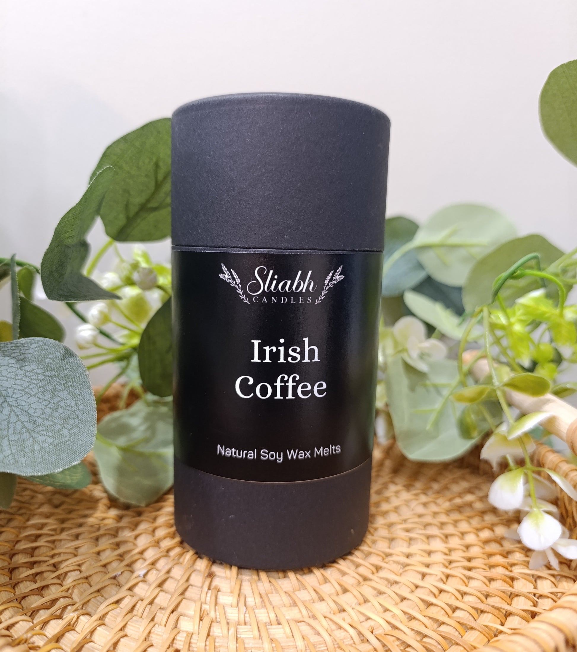 Black tube, Sliabh Candles Irish Coffee Soy Wax Melts. Black Label with white writing. 