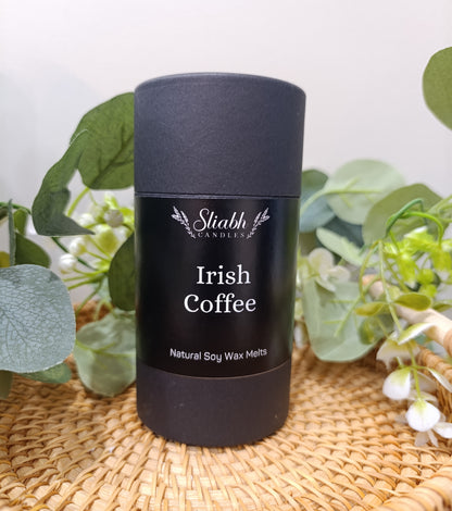 Black tube, Sliabh Candles Irish Coffee Soy Wax Melts. Black Label with white writing. 