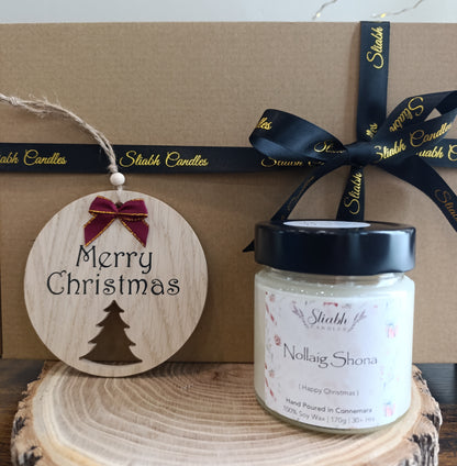 Christmas Gift Box Set – Irish Soy Candle & Handmade Festive Merry Christmas Decoration PRE-ORDER