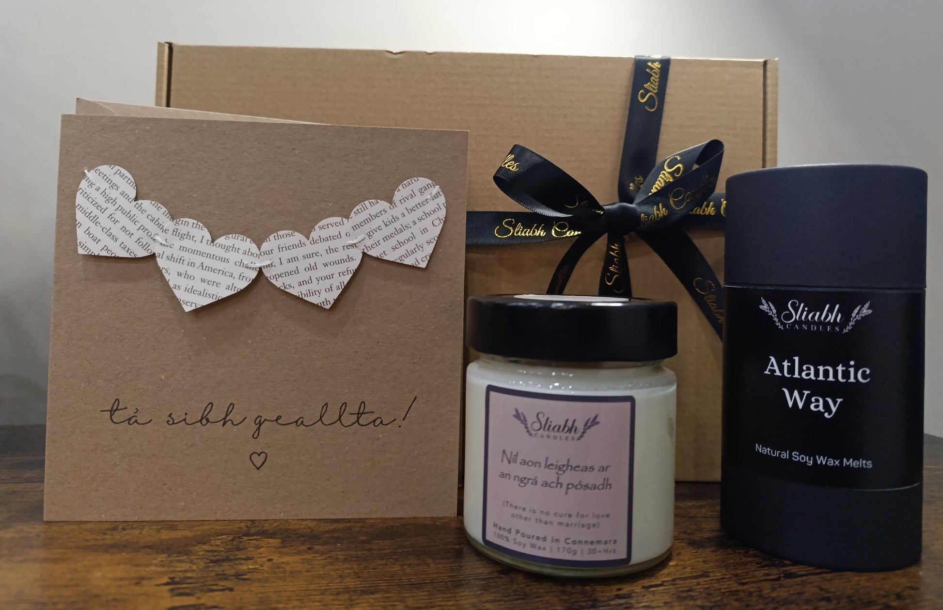 Gift Set with Irish Candle, handmade Irish Wax Melts and handmade Irish Card - Engagement Gift. Atlantic Eay scent