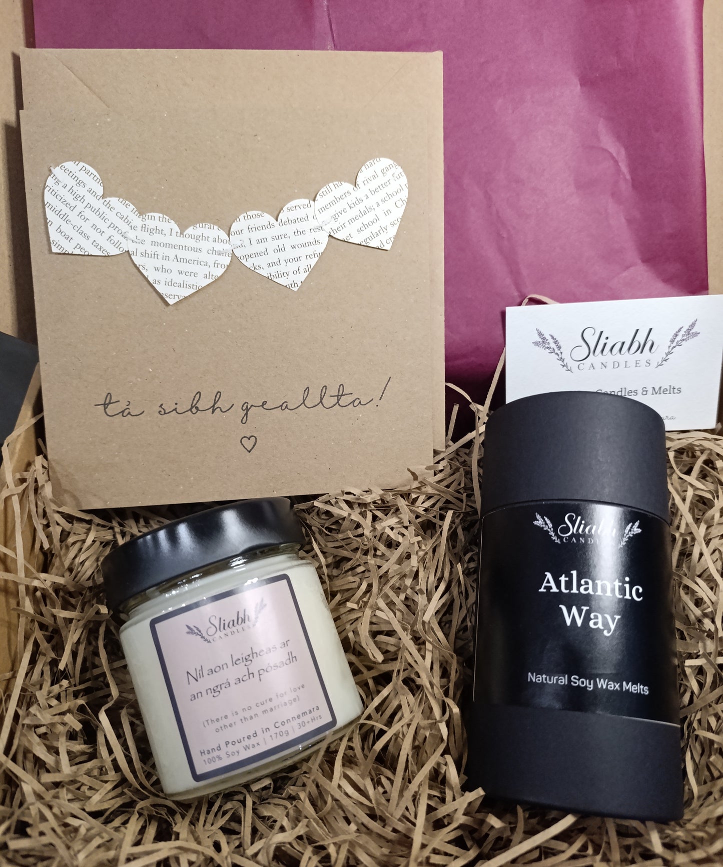 Gift Set with Irish Candle, handmade Irish Wax Melts and handmade Irish Card - Engagement Gift. 