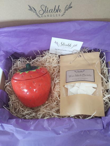 Strawberry Gift Box Set |  Wax Melt Burner | Strawberry & Rhubarb Soy Wax Melts