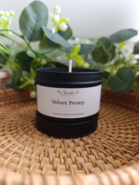 Velvet Peony Travel Tin Candle – Handmade in Connemara