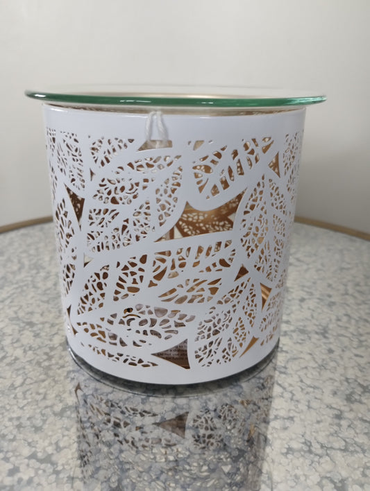 Metal Oil & Wax Burner | White & Gold Leaves cutout design | Candle Holder