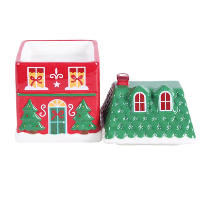 Red Christmas House Oil Burner with Removable Roof