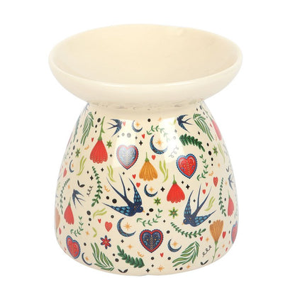 Cream Ceramic Wax Melt Burner with Folk Floral Design